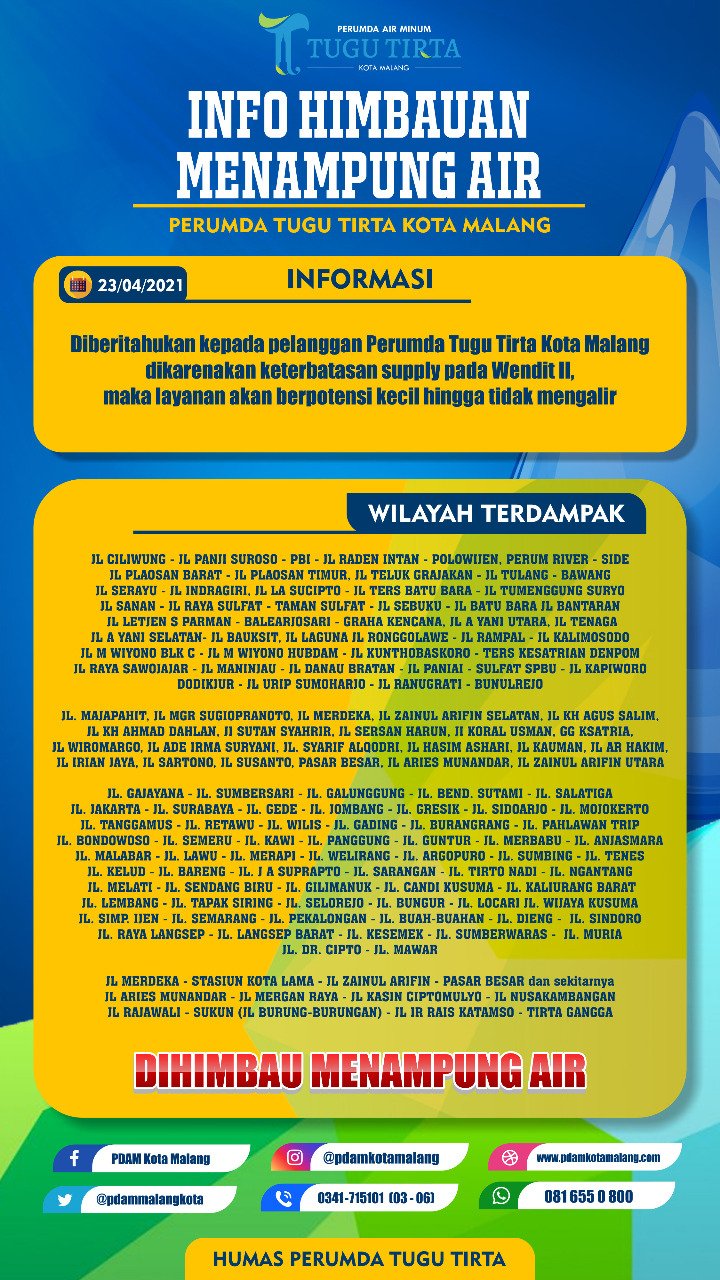 Info Air PDAM Mati Hari Ini Juli 2021 PDAM Kota Malang